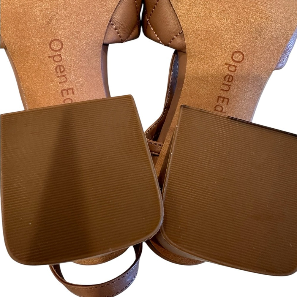 OPEN EDIT Austyn Tan Mocha Quilted Ankle Strap Block Heel Sandals Size 6M