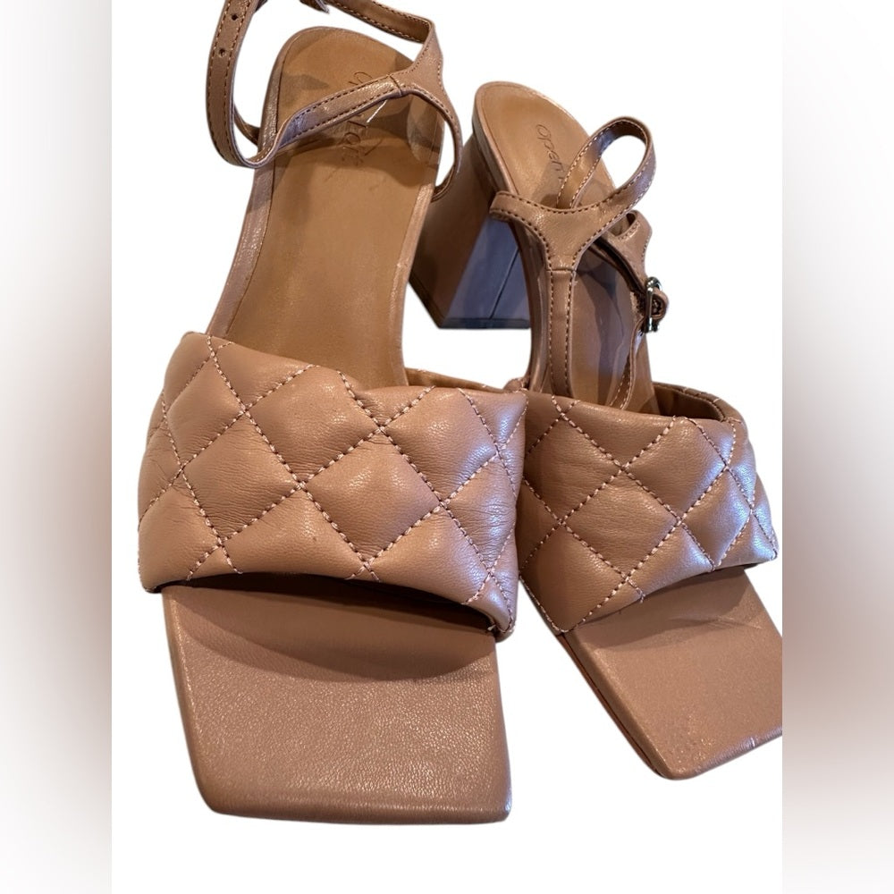 OPEN EDIT Austyn Tan Mocha Quilted Ankle Strap Block Heel Sandals Size 6M
