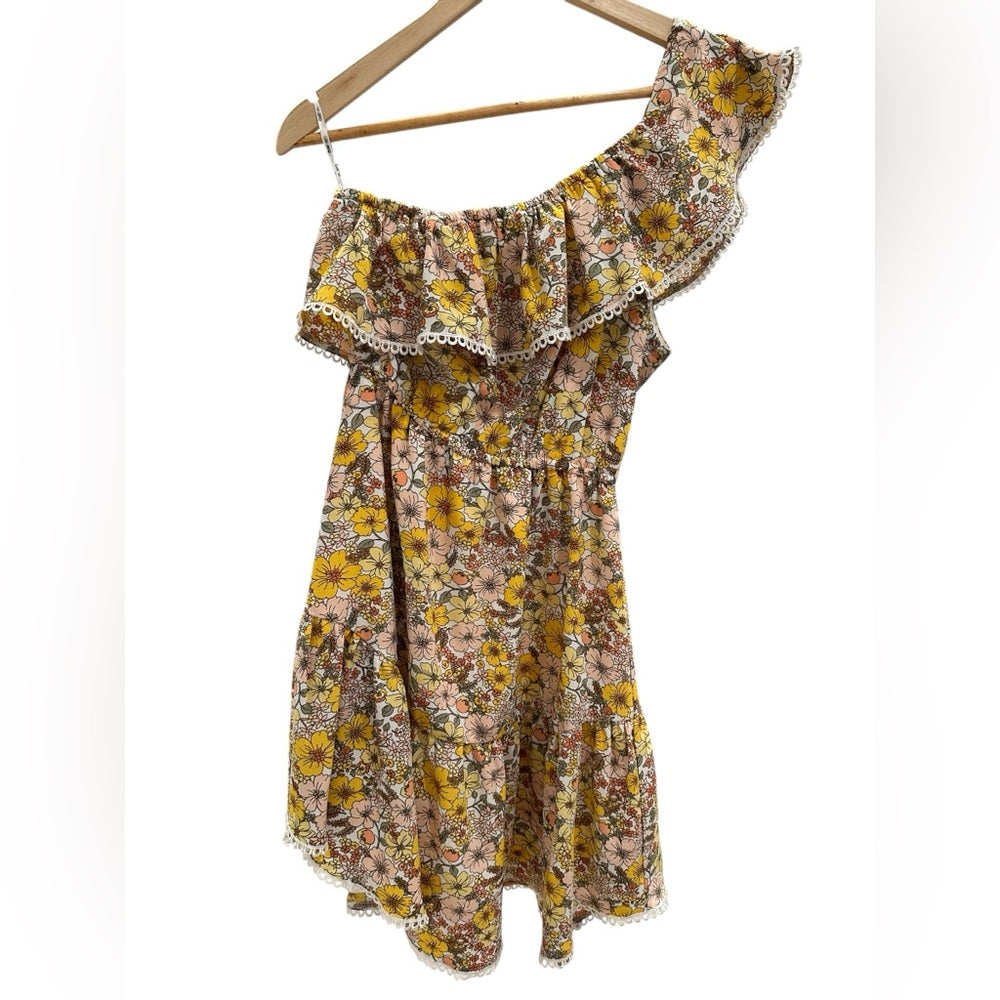 Bar III Women's Floral Print One Shoulder Dress Yellow Size XS