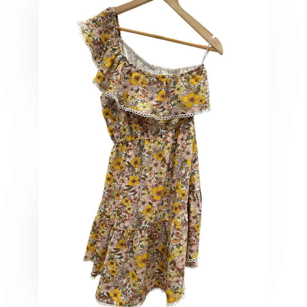 Bar III Women's Floral Print One Shoulder Dress Yellow Size XS