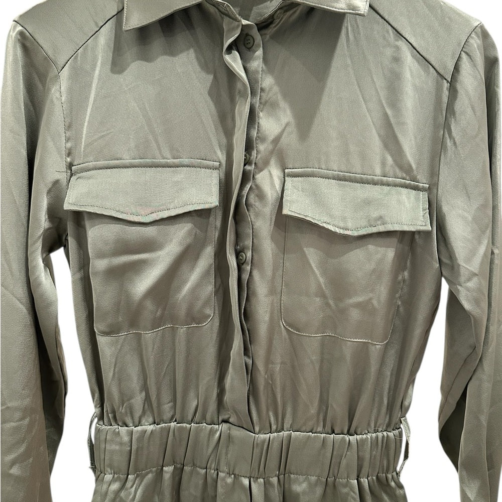 MELLODAY Belted Long Sleeve Satin Utility Jumpsuit in Olive Size XS