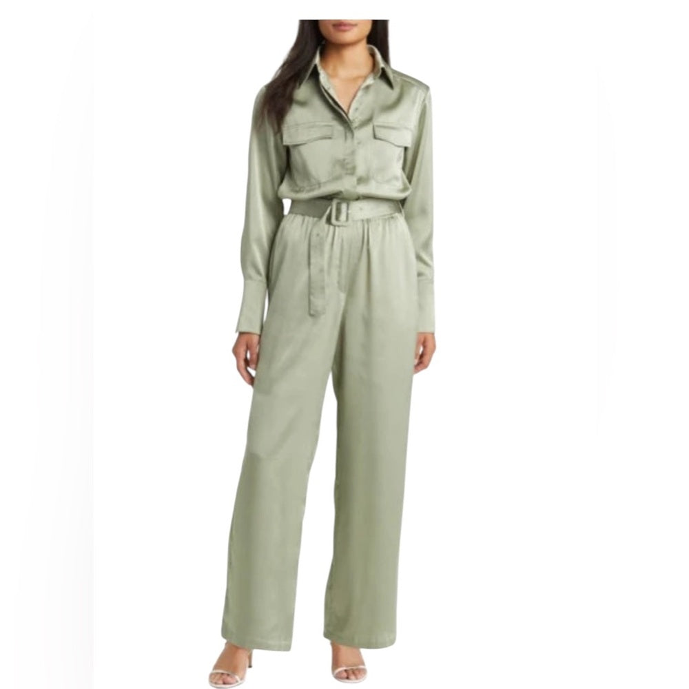 MELLODAY Belted Long Sleeve Satin Utility Jumpsuit in Olive Size XS