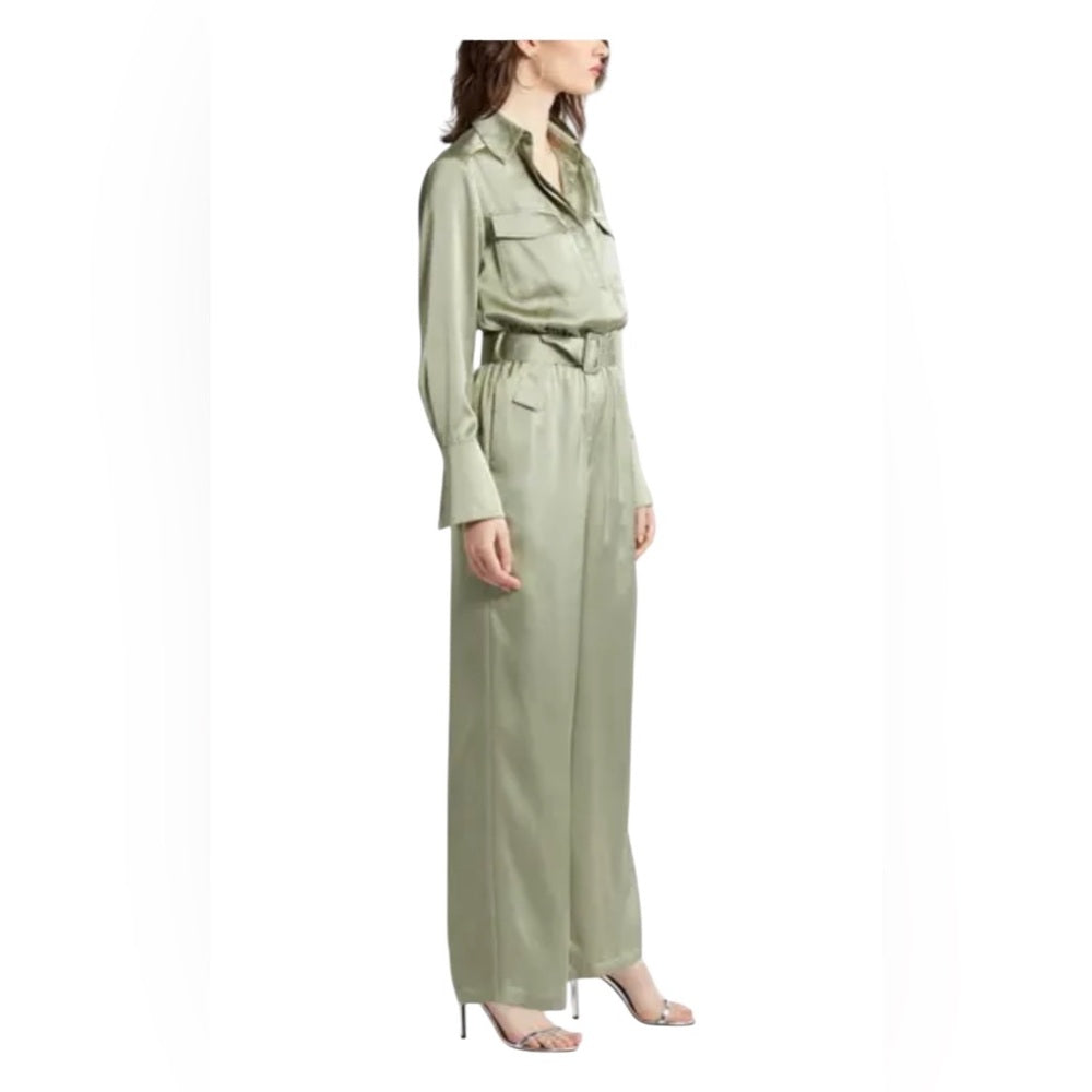 MELLODAY Belted Long Sleeve Satin Utility Jumpsuit in Olive Size XS