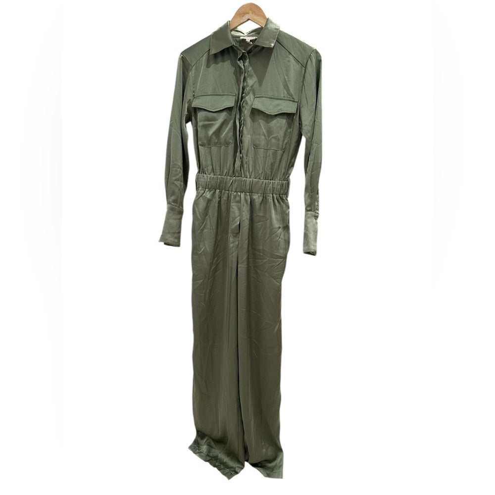 MELLODAY Belted Long Sleeve Satin Utility Jumpsuit in Olive Size XS