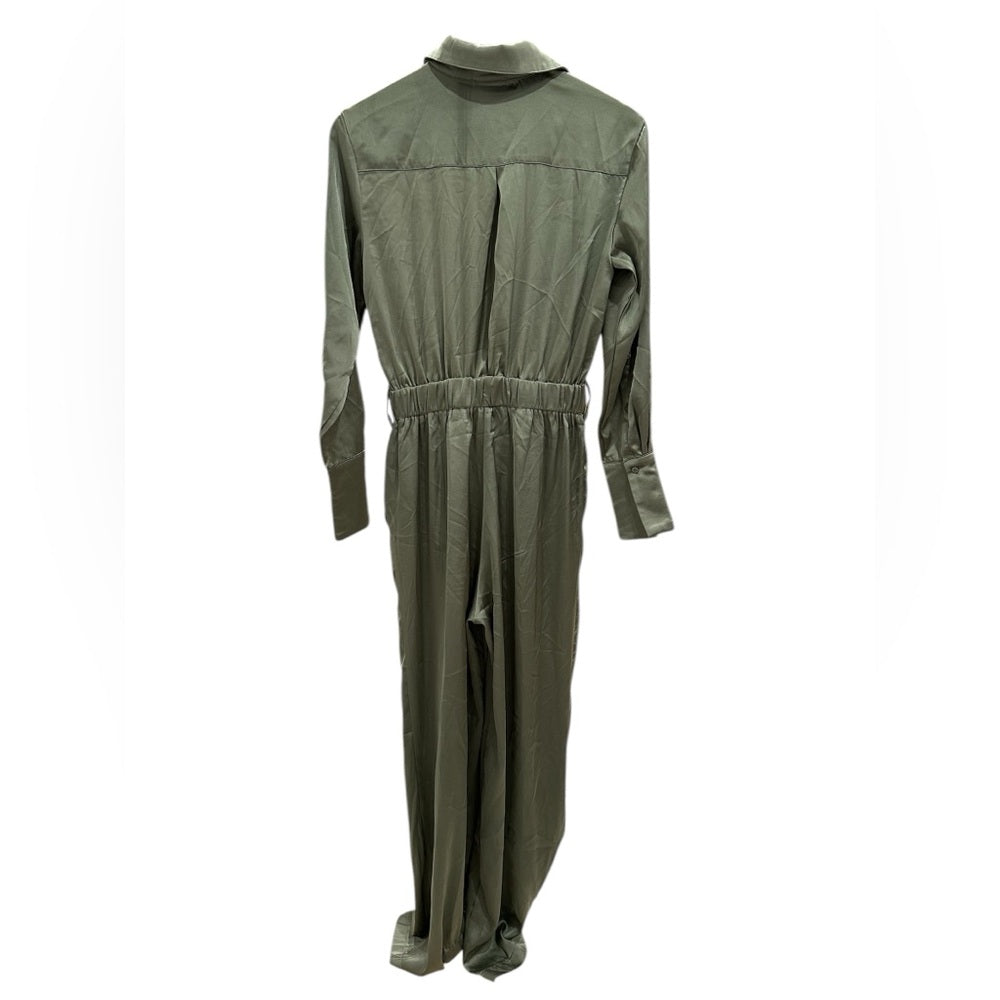 MELLODAY Belted Long Sleeve Satin Utility Jumpsuit in Olive Size XS