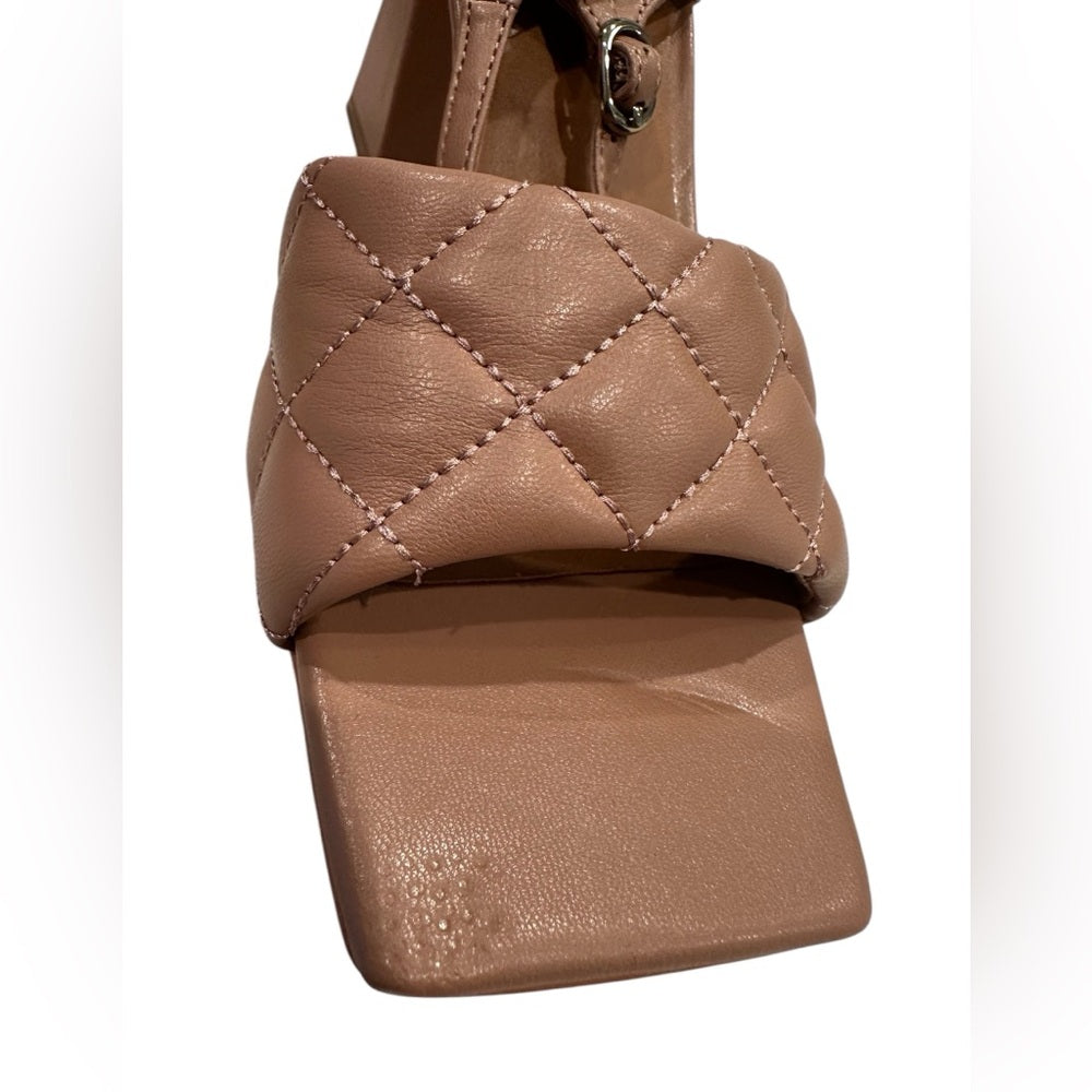 OPEN EDIT Austyn Tan Mocha Quilted Ankle Strap Block Heel Sandals Size 6M