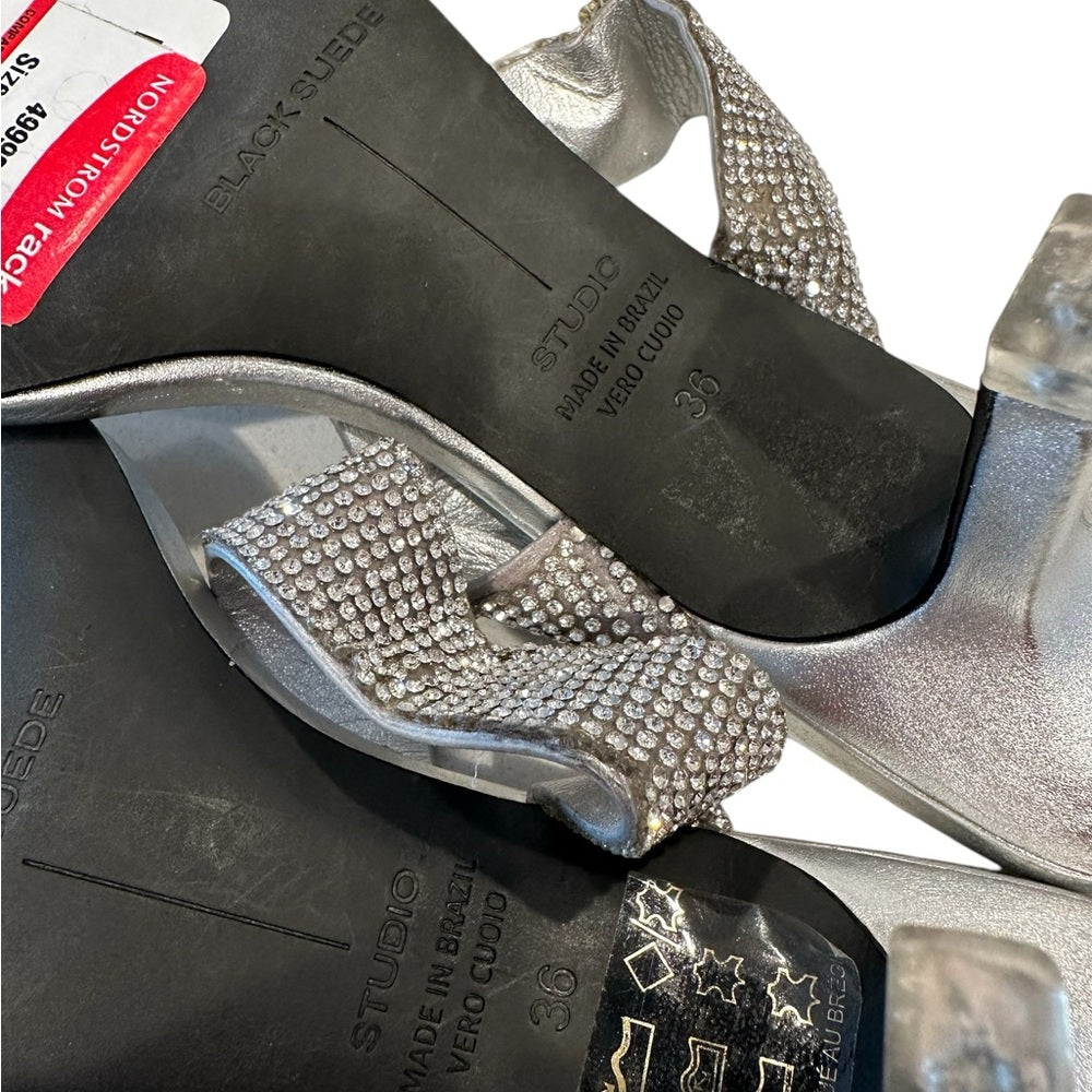 Black Suede Studio Silver Rhinestone Heels Size 36/US 5.5-6