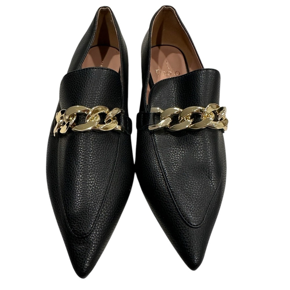 Linea Paolo Mabel-L Pointed Toe Loafer  w/Goldtone Links Stone Sz 6M Black