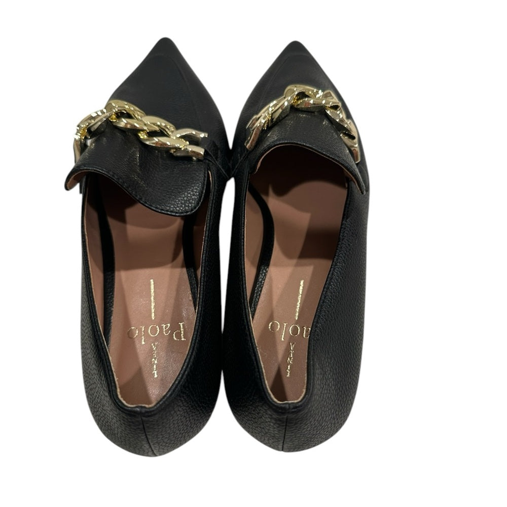 Linea Paolo Mabel-L Pointed Toe Loafer  w/Goldtone Links Stone Sz 6M Black