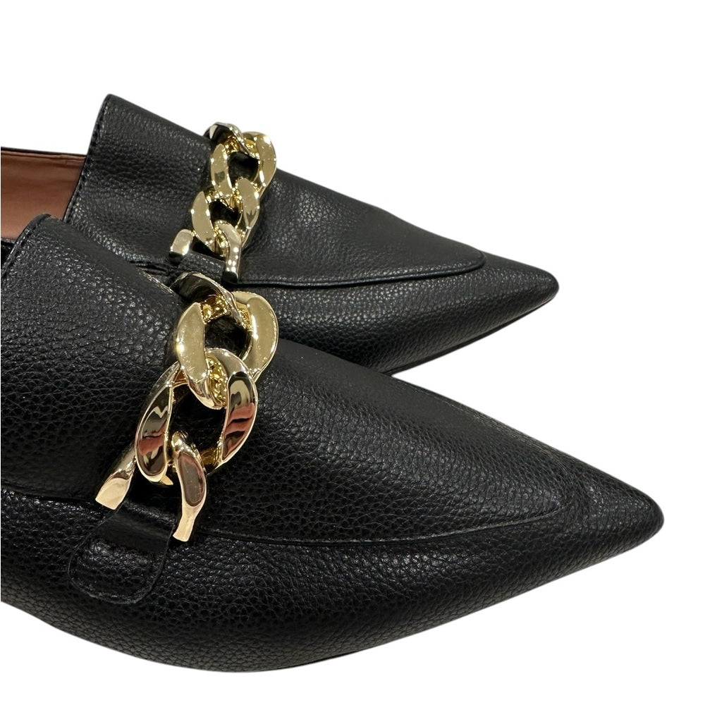 Linea Paolo Mabel-L Pointed Toe Loafer  w/Goldtone Links Stone Sz 6M Black