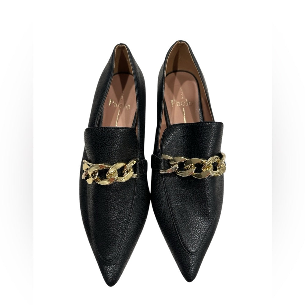 Linea Paolo Mabel-L Pointed Toe Loafer  w/Goldtone Links Stone Sz 6M Black
