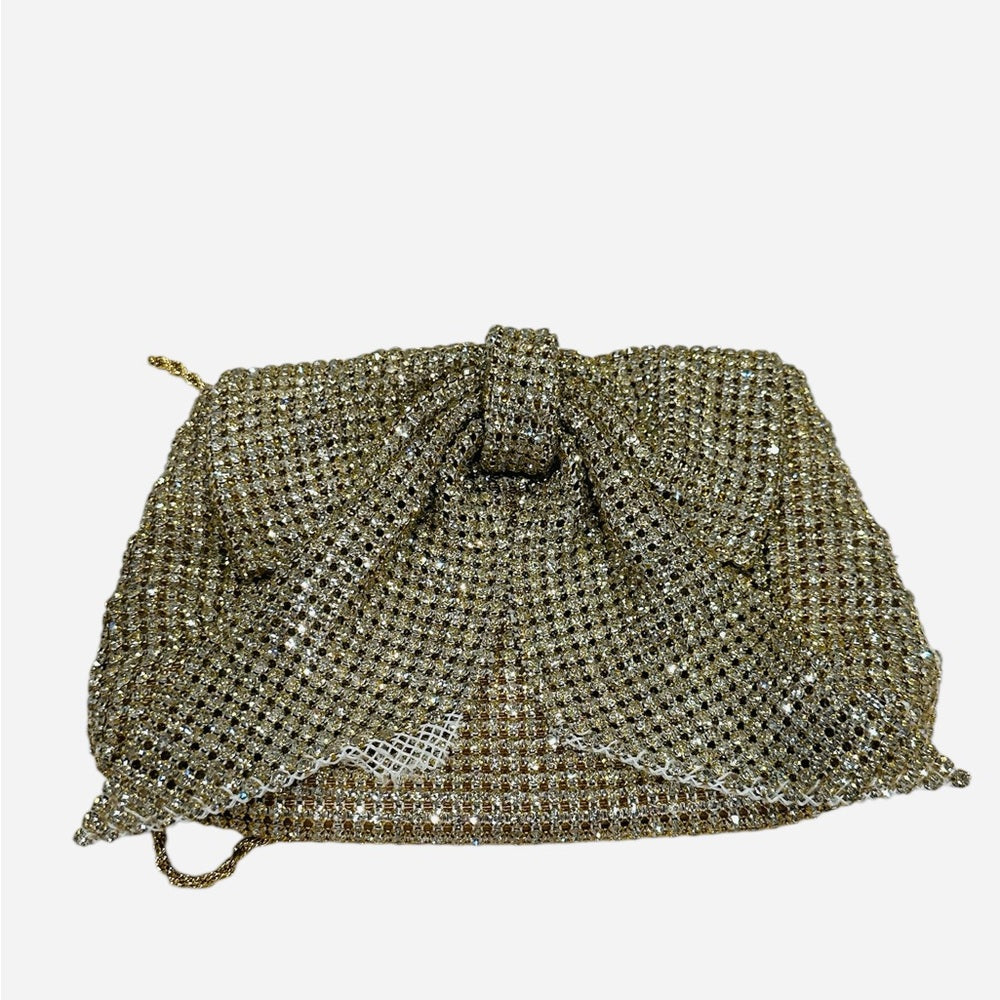 Loeffler Randall Jolene Gold Diamanté Bow Clutch