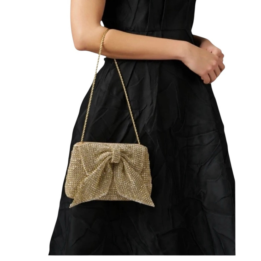 Loeffler Randall Jolene Gold Diamanté Bow Clutch