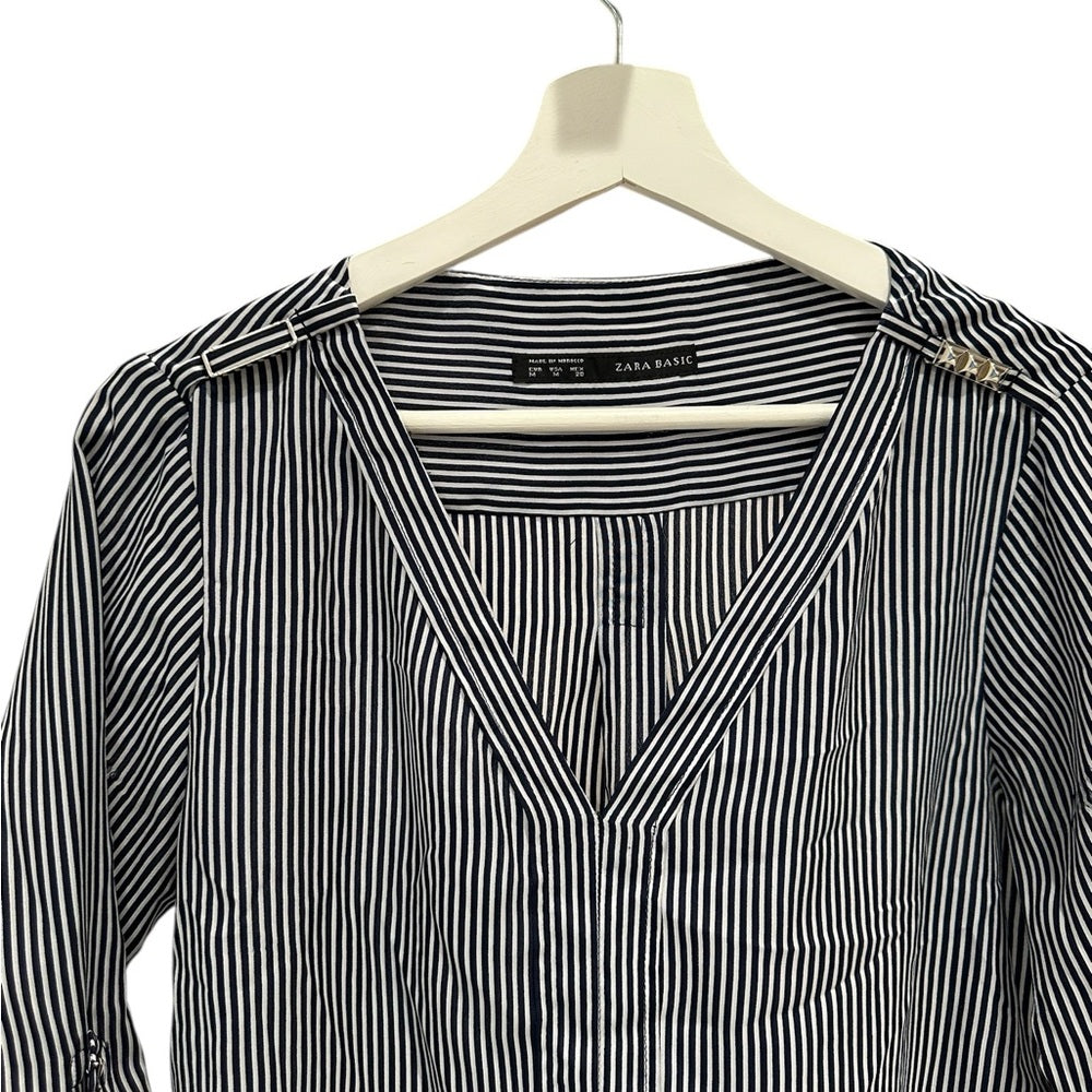 Zara Black and White Relaxed Buttoned Blouse Stripes Size M