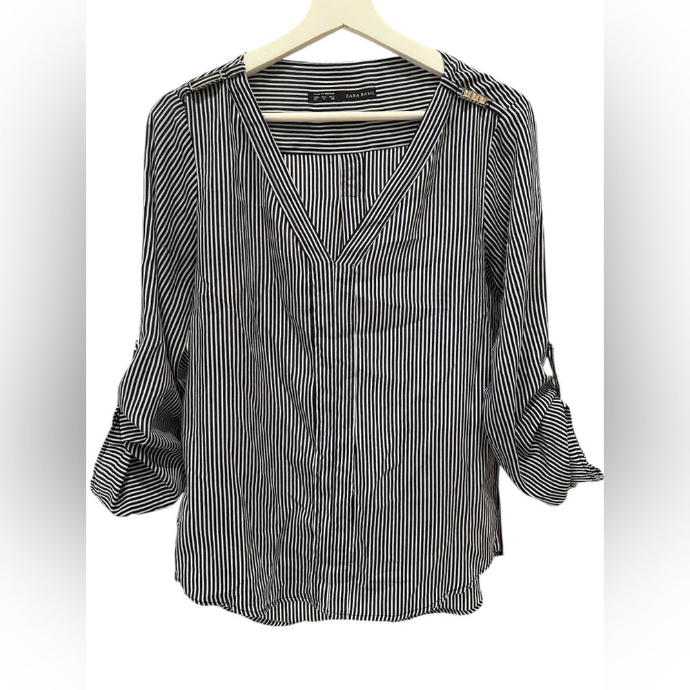 Zara Black and White Relaxed Buttoned Blouse Stripes Size M