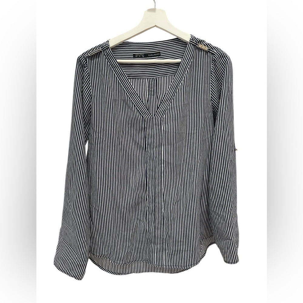 Zara Black and White Relaxed Buttoned Blouse Stripes Size M