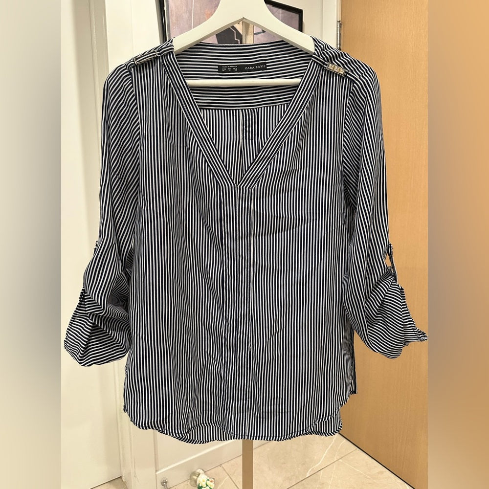 Zara Black and White Relaxed Buttoned Blouse Stripes Size M