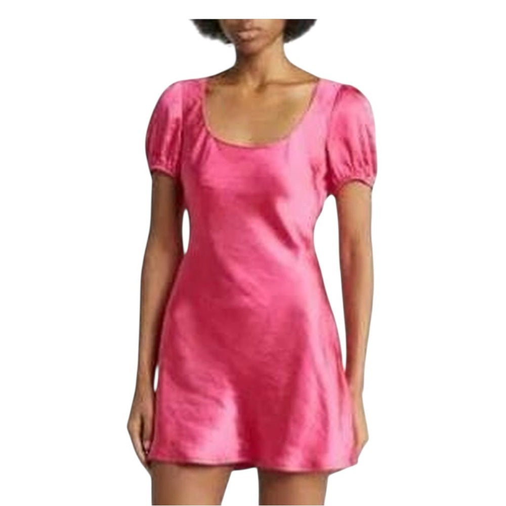 Lush Fuschia Satin Puff Sleeve Mini Dress Y2K Style Barbie Pink Size M