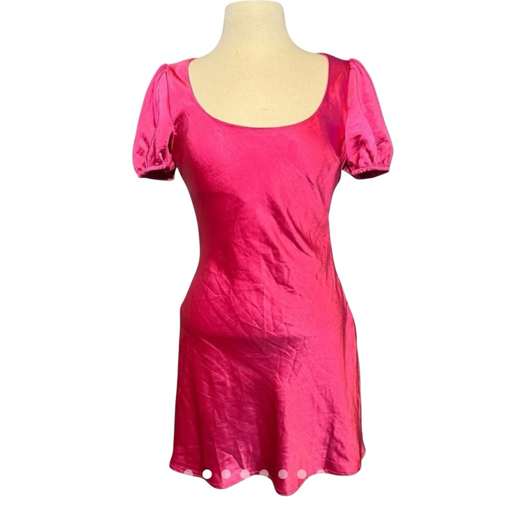 Lush Fuschia Satin Puff Sleeve Mini Dress Y2K Style Barbie Pink Size M