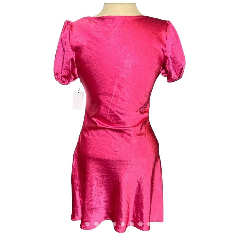 Lush Fuschia Satin Puff Sleeve Mini Dress Y2K Style Barbie Pink Size M
