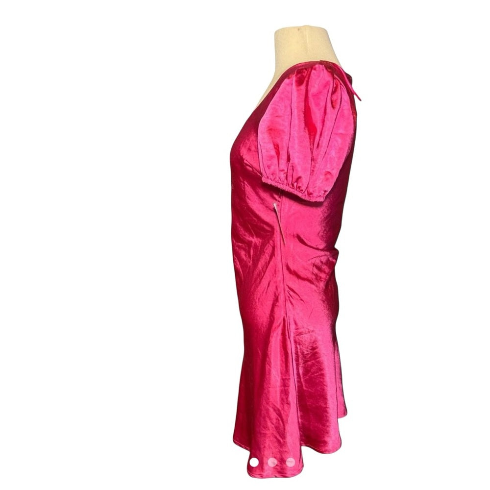 Lush Fuschia Satin Puff Sleeve Mini Dress Y2K Style Barbie Pink Size M