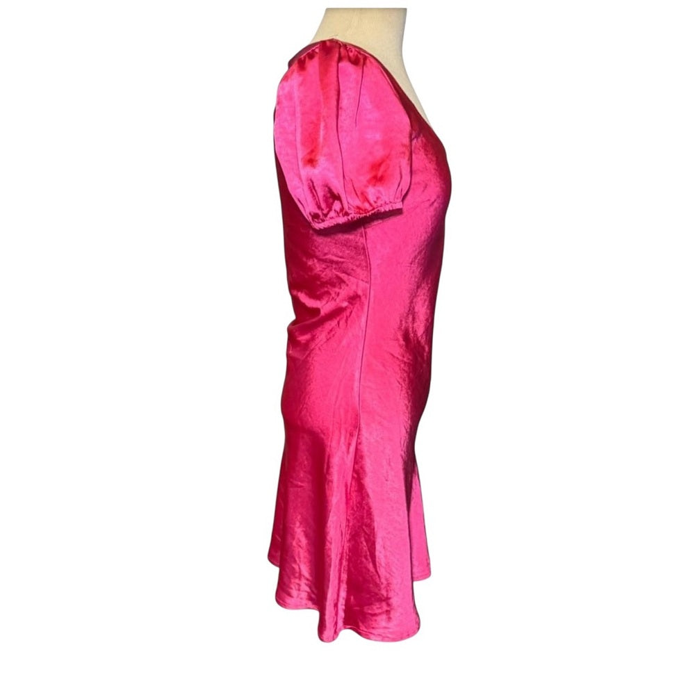 Lush Fuschia Satin Puff Sleeve Mini Dress Y2K Style Barbie Pink Size M