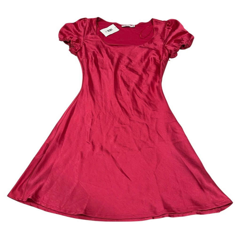 Lush Fuschia Satin Puff Sleeve Mini Dress Y2K Style Barbie Pink Size M