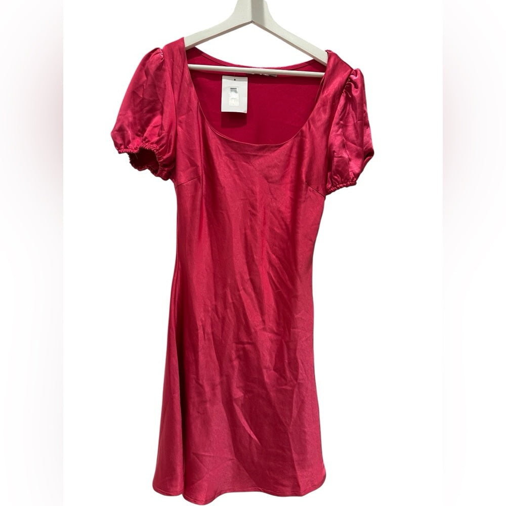 Lush Fuschia Satin Puff Sleeve Mini Dress Y2K Style Barbie Pink Size M