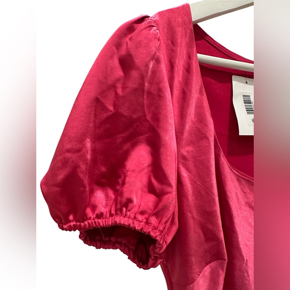 Lush Fuschia Satin Puff Sleeve Mini Dress Y2K Style Barbie Pink Size M